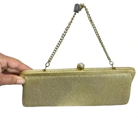 Vintage Retro Gold Clutch Bag with pearl Clasp and Chain Handbag Purse - Picture 5 of 9